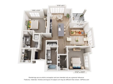 Floor plan for 2 beds, 2 baths, 1247 sqft
